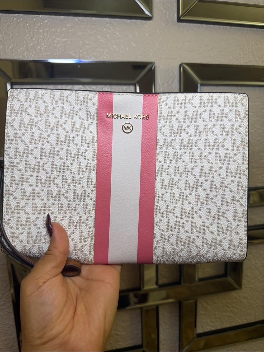 Michael Kors White & Pink Signature Stripe Tote